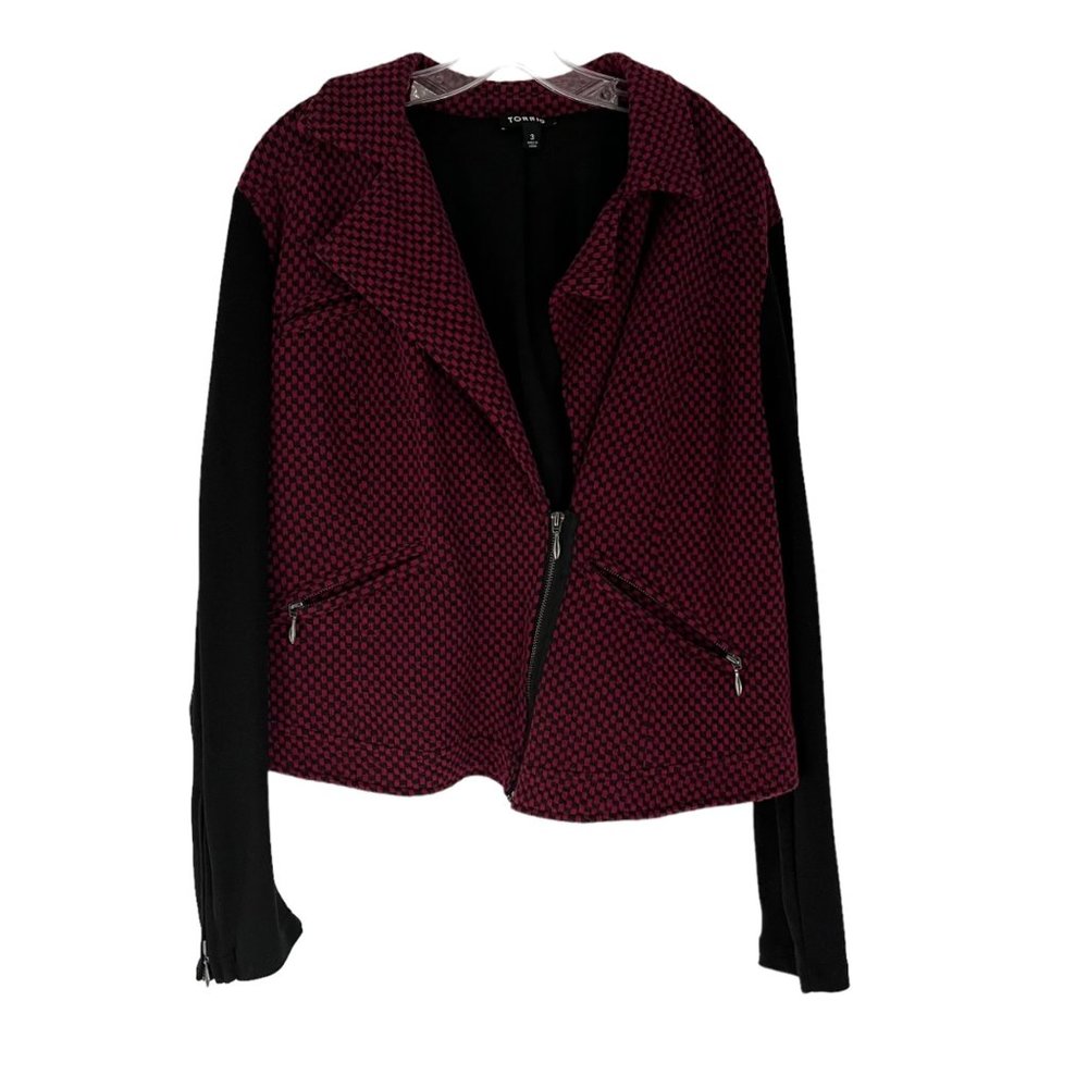 Torrid Black Maroon Red Checkered Asymmetrical Zip Long Sleeve Moto Jacket 3 3X